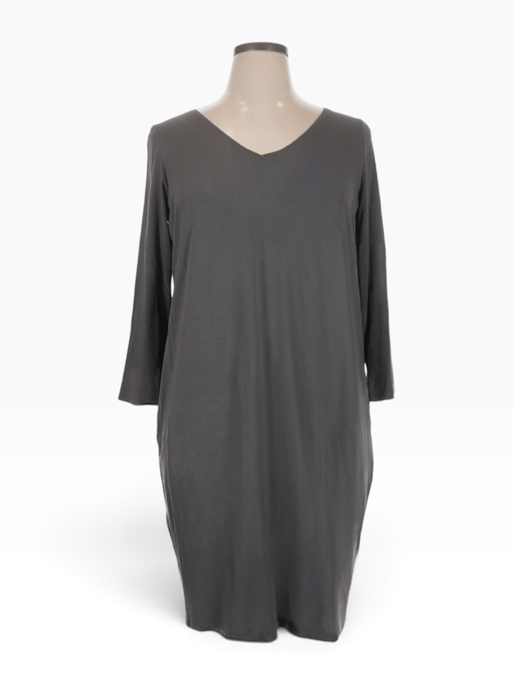 Eileen Fisher XL Gray Viscose Jersey V Neck Shift Dress Stretch NWT